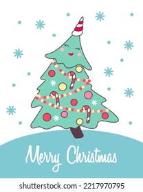 Greeting card with cute Christmas tree in kawaii style for holiday design isolated on white background. Vector illustration.