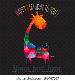 Greeting card with cute colorful giraffe. Happy birthday card. vector illustration