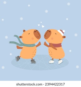 Greeting card with cute couple of capybaras skating. Capybaras in love