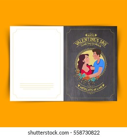 Greeting card with cute Couple in Love for Valentine's Day Celebration.
