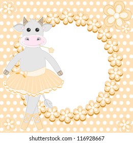 Greeting card with cute cow ballerina