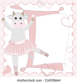 Greeting card with cute cow ballet dancer