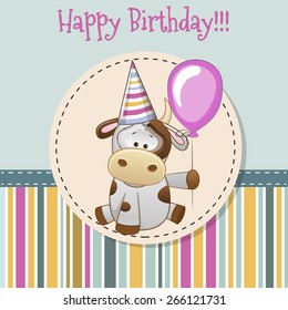 Greeting card Cute Cow with balloon and bonnet 