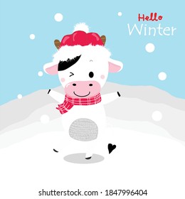 Greeting card cute cow of winter concept.year of the ox 2021.merry christmas and happy new year background.