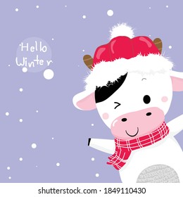 Greeting card cute cow of winter concept.year of the ox 2021.merry christmas and happy new year background.
