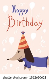Greeting card with a cute Dachshund. Birthday poster with a funny little dog. Vector illustration in a trendy flat style