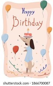 Greeting card with cute Dachshund with cake on your head and balloons. Birthday poster with a funny little dog. Vector illustration in a trendy flat style