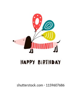 Greeting card with cute dachshund dog in a striped shirt with balloons and an inscription - happy birthday. Vector illustration.