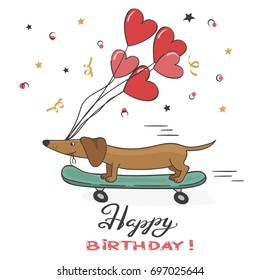 Greeting card with cute dachshund dog and balloons. Happy Birthday vector illustration. 