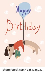 Greeting card with cute Dachshund with gift of flying in a hot air balloon. Birthday poster with a funny little dog. Vector illustration in a trendy flat style