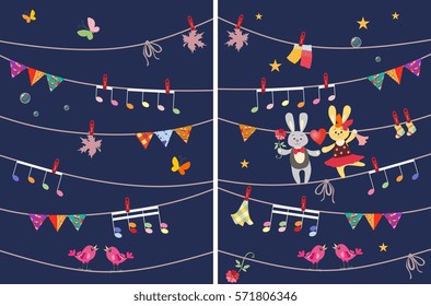 Greeting card with cute dancing bunnies, butterflies, garland, musical notes, birds, maple leaves. Design elements. Vector image. Wrapping, packaging, poster. Book illustration.