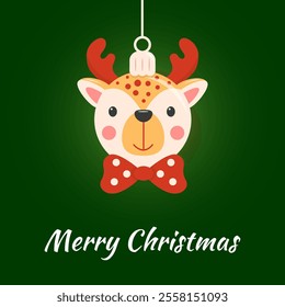 Greeting card with Cute decorative ball reindeer ornament with red antlers and bow tie on a green background featuring "Merry Christmas" text