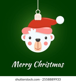 Greeting card with Cute decorative ball polar bear ornament with red Santa hat on a green background featuring Merry Christmas text