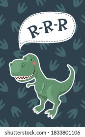 Greeting card with cute dinosaur. Funny t-rex. Vector illustration.