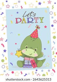 Greeting card with cute dinosaur with gifts and star.