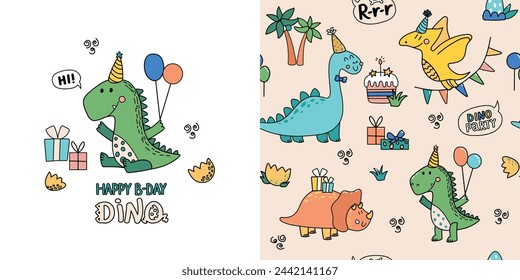 Tarjeta de felicitación con dinosaurio lindo. Tarjeta de feliz cumpleaños para el bebé. Patrón sin costuras con dragones adorables, regalos y pastel para envolver papel o textil. Colección de ilustración vectorial plana