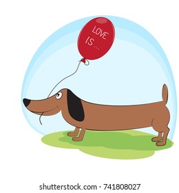 Greeting  card, cute dog dachshund with balloon. Graphics for t-shirts. Vector illustration.