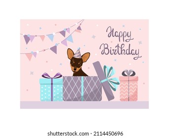 A greeting card with a cute dog. Happy Birthday. Cartoon design.
