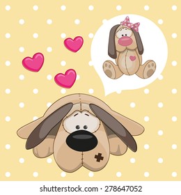 Greeting card Cute Dreaming Dog on a dots background 