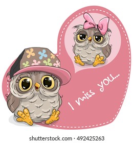 Greeting card Cute Dreaming Owl on a heart background