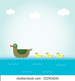 Greeting Card with cute duck with chicks on river,vector illustration