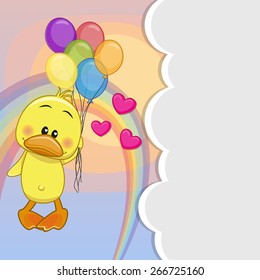 Greeting card Cute Duck is flying on balloons 