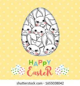 Greeting card with cute Easter Bunnies and egg on polka dot background. Happy Easter poster or banner.