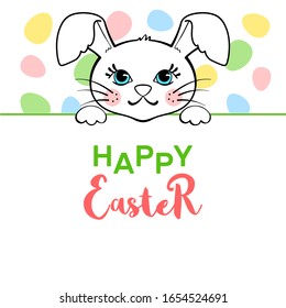Greeting card with cute Easter Bunny and colored eggs isolated on white background. Happy Easter poster or banner.
