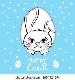 Greeting card with cute Easter Bunny and egg on blue background. Happy Easter poster or banner.