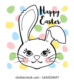 Greeting card with cute Easter Bunny and colored eggs isolated on white background. Happy Easter poster or banner.