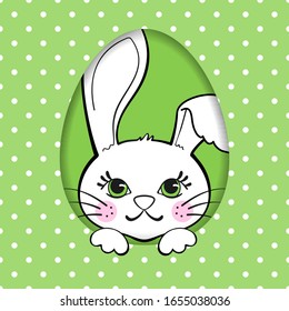 Tarjeta de felicitación con un lindo conejito de Pascua y huevo verde sobre fondo de punto polka. Afiche o pancarta feliz de Pascua.