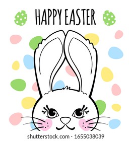 Visitenkarte mit süßem Osterhase und bunten Eiern einzeln auf weißem Hintergrund. Fröhliches Osterposter oder Banner.