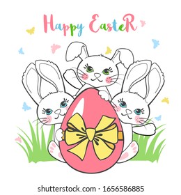 Visitenkarte mit süßem Osterhasen, Eier und Schmetterlinge einzeln auf weißem Hintergrund. Frohe Osterposter oder Banner mit Kaninchen.