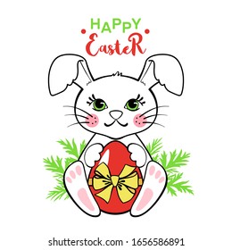 Greeting card with cute Easter Bunny and egg isolated on white background. Happy Easter poster or banner.