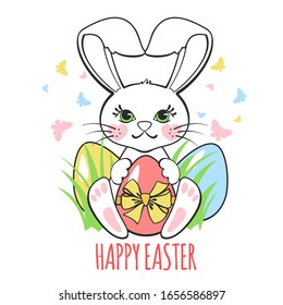 Greeting card with cute Easter Bunny, eggs and butterflies isolated on white background. Happy Easter poster or banner.
