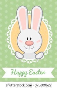 Greeting card with cute easter bunny in lace frame. Card template.