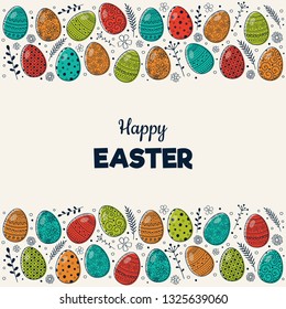 Greeting card with cute easter eggs and wishes. Vector