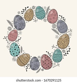 Greeting card with cute easter eggs and copyspace. Vector