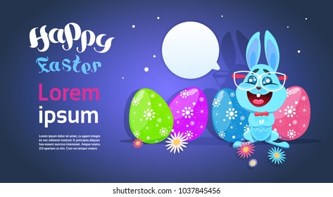 Greeting Card With Cute Easter Rabbit And Colored Eggs, Funny Bunny At Happy Holiday Poster Vector Illustration