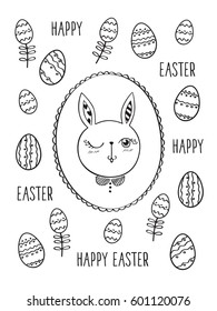 Greeting card with cute easter rabbit and decorative eggs. Funny bunny. Hand drawn elements for your design. Black and white. Vector.