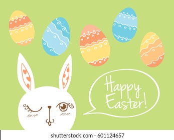 Greeting card with cute easter rabbit and decorative eggs. Funny bunny. Hand drawn elements for your design. Green background. Vector.