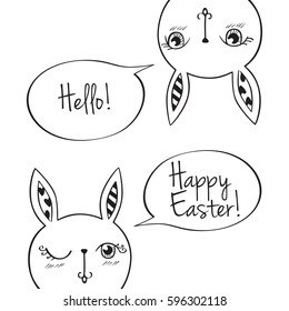 Greeting card with cute easter rabbits. Funny bunny. Hand drawn elements for your design. Vector