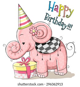 Greeting card cute Elephant with gift