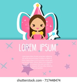 Greeting card with cute fairy. banner design template for kids events, children party and etc