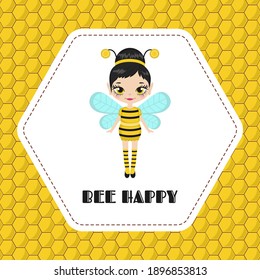 Tarjeta de saludo con un lindo hada con traje de abeja. Apuesta feliz por el diseño de la tarjeta. Inspiradora tarjeta de citas de motivación creativa.