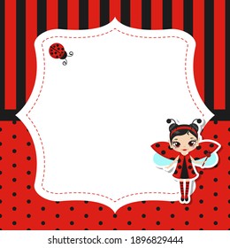 Greeting card with cute fairy in ladybug costume. Vector background.