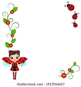 Greeting card with cute fairy in ladybug costume. Vector background.