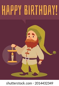 Greeting card with cute fairy tale cartoon bearded gnome holding lantern, in flat style vector illustration. Funny fantasy male character with happy birthday text on colored background