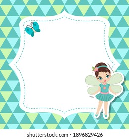 Greeting card with cute fairy. Vector background.