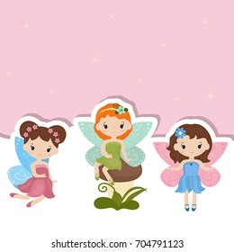 Greeting card with cute fairy. Vector background.